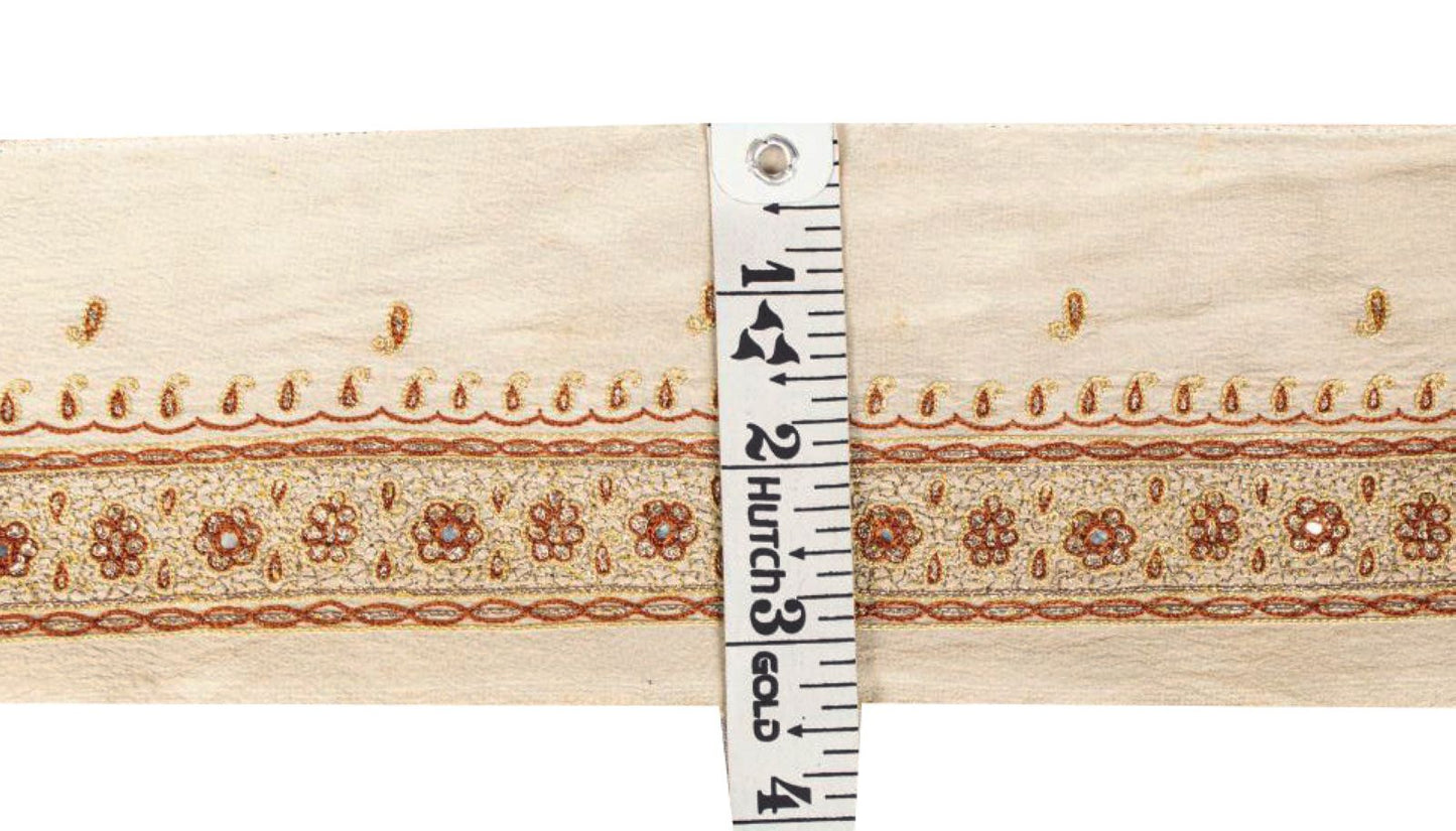 Sanskriti Vintage Cream Crepe Silk 1 YD Sari Border Embroidered Craft Trim Lace