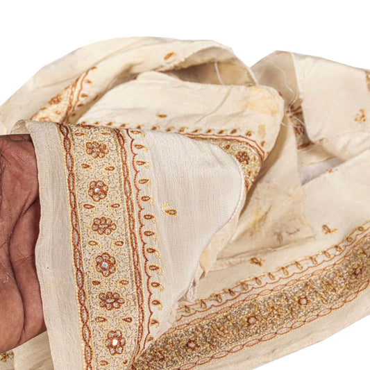 Sanskriti Vintage Cream Crepe Silk 1 YD Sari Border Embroidered Craft Trim Lace