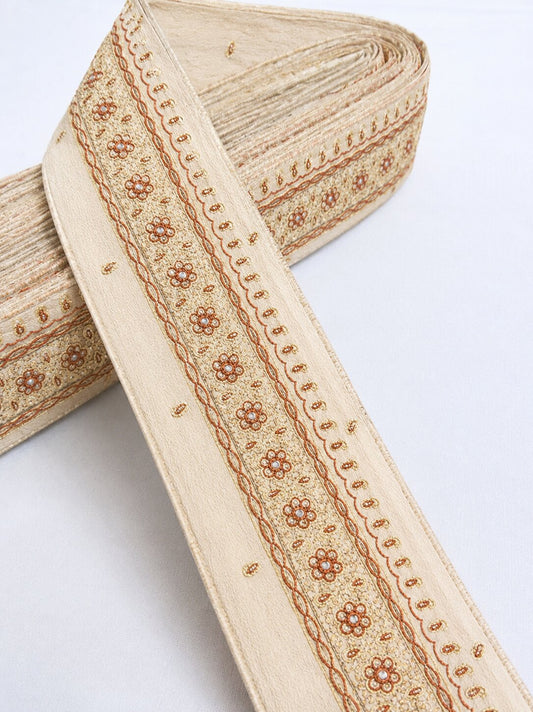 Sanskriti Vintage Cream Crepe Silk 1 YD Sari Border Embroidered Craft Trim Lace