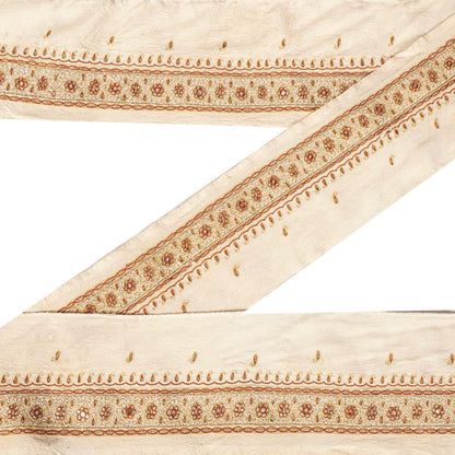 Sanskriti Vintage Cream Crepe Silk 1 YD Sari Border Embroidered Craft Trim Lace