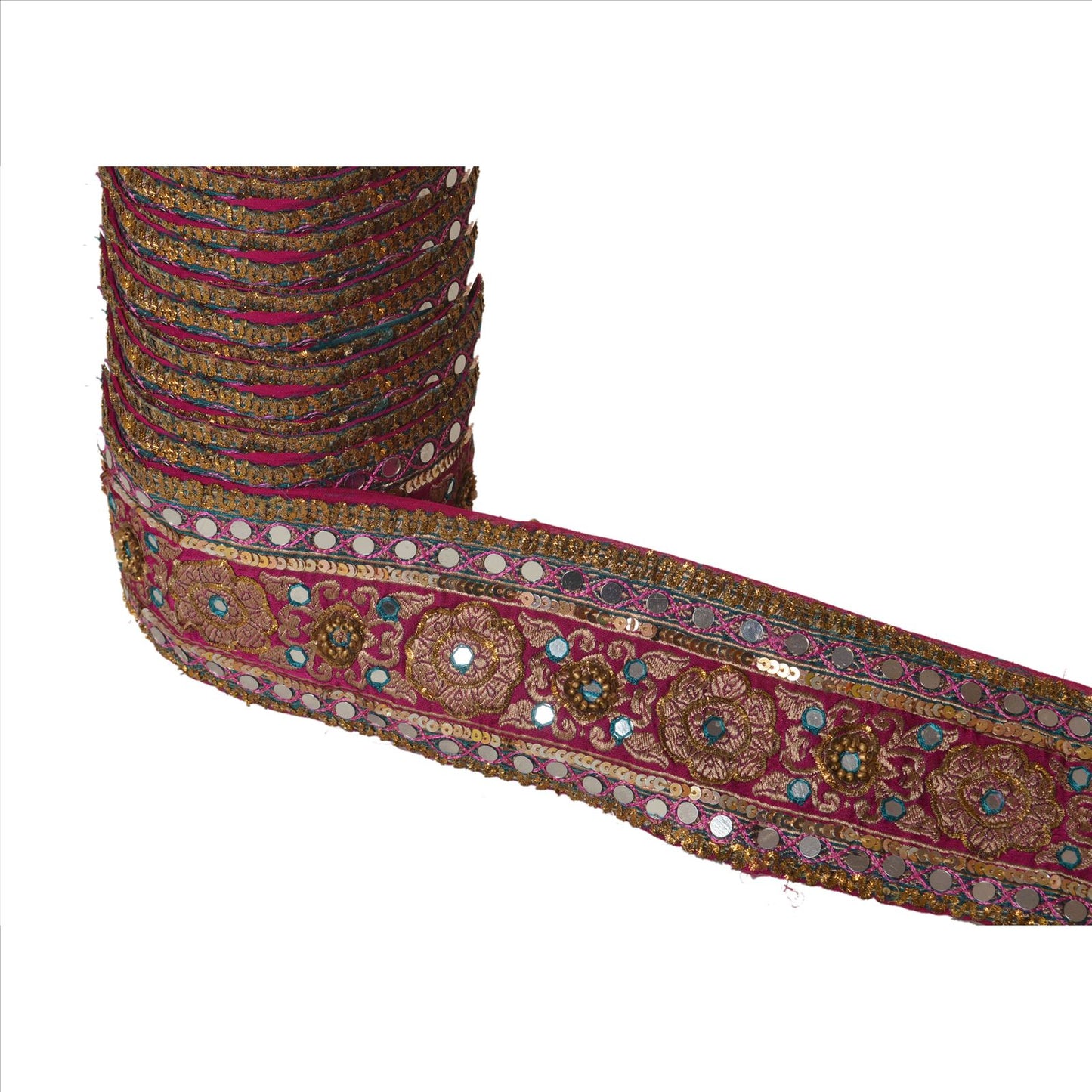 Sanskriti Vintage Sari Border Hand Beaded Woven 1 Yd Trim Sewing Pink Lace