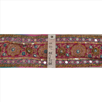 Sanskriti Vintage Sari Border Hand Beaded Woven 1 Yd Trim Sewing Pink Lace
