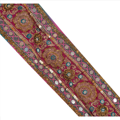Sanskriti Vintage Sari Border Hand Beaded Woven 1 Yd Trim Sewing Pink Lace