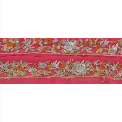 Sanskriti Vintage Sari Border Hand Embroidered 1 Yd Indian Trim Ribbon Pink Lace