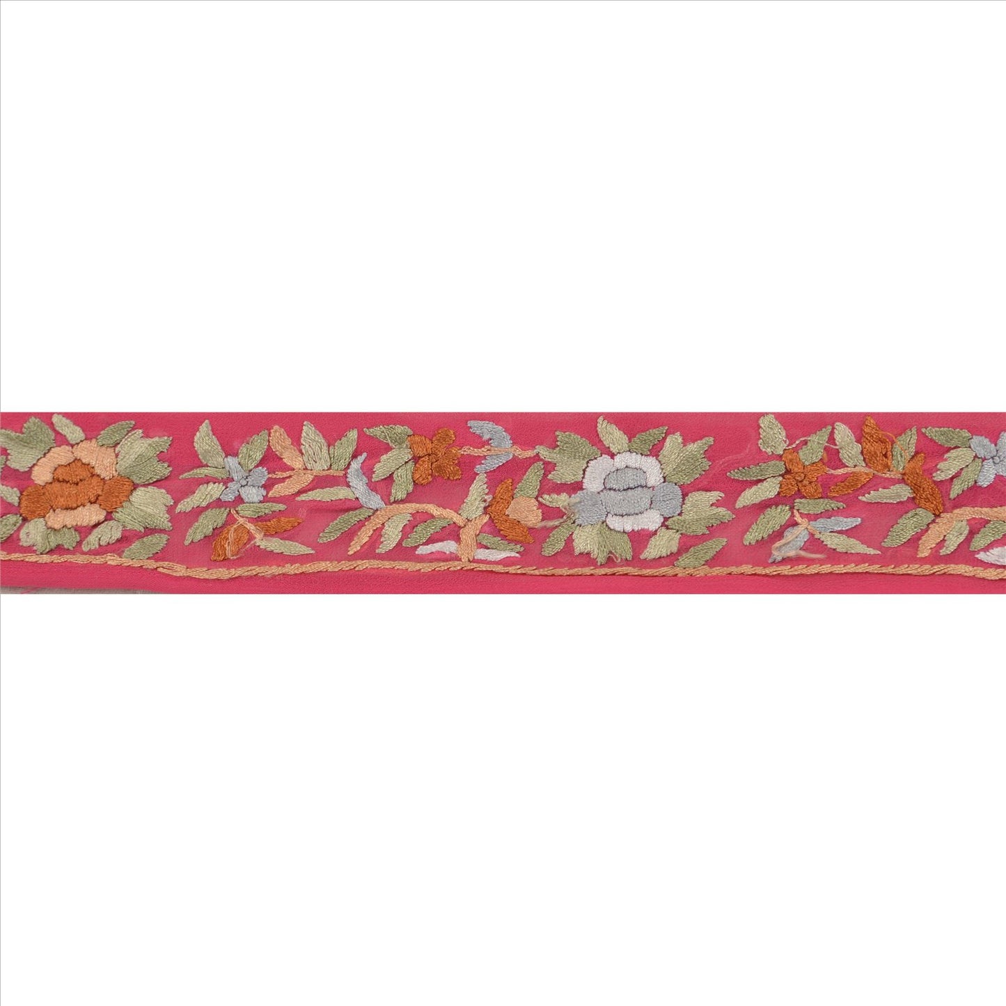 Sanskriti Vintage Sari Border Hand Embroidered 1 Yd Indian Trim Ribbon Pink Lace