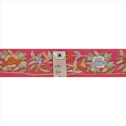 Sanskriti Vintage Sari Border Hand Embroidered 1 Yd Indian Trim Ribbon Pink Lace