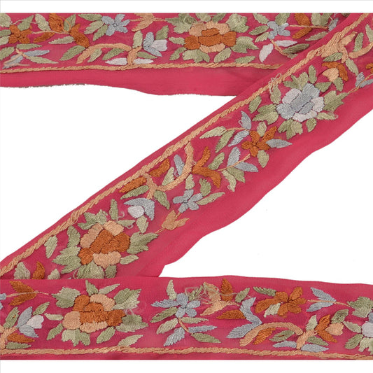 Sanskriti Vintage Sari Border Hand Embroidered 1 Yd Indian Trim Ribbon Pink Lace