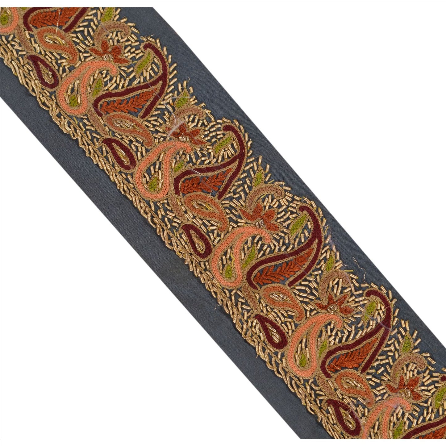 Sanskriti Vintage Sari Border Antique Hand Embroidered 1 Yd Indian Trim Sewing Grey Lace