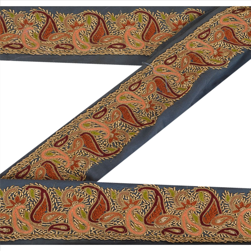 Sanskriti Vintage Sari Border Antique Hand Embroidered 1 Yd Indian Trim Sewing Grey Lace