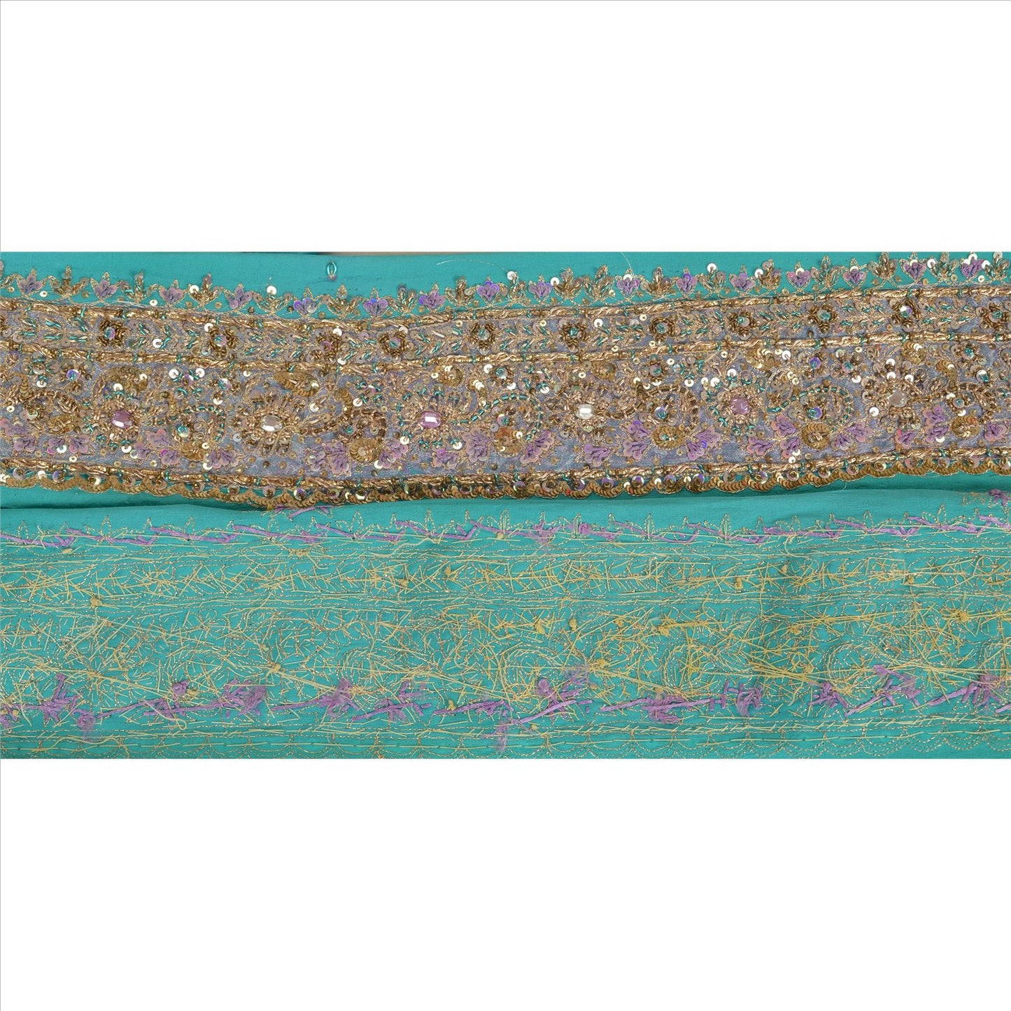 Sanskriti Vintage Sari Border Hand Beaded 1Yd Indian Trim Sewing Sea Green Lace