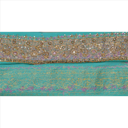 Sanskriti Vintage Sari Border Hand Beaded 1Yd Indian Trim Sewing Sea Green Lace