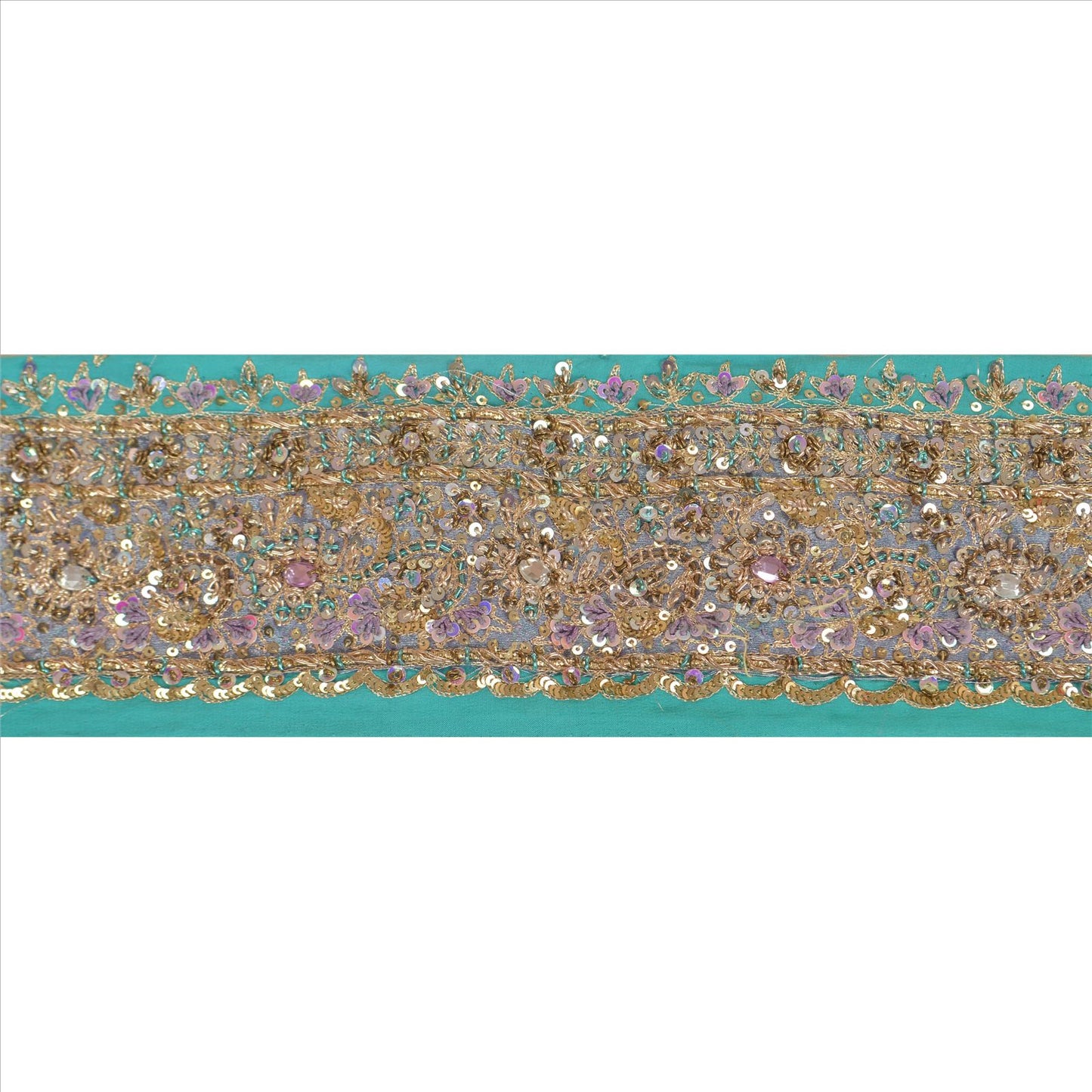 Sanskriti Vintage Sari Border Hand Beaded 1Yd Indian Trim Sewing Sea Green Lace