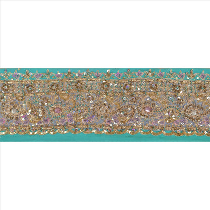 Sanskriti Vintage Sari Border Hand Beaded 1Yd Indian Trim Sewing Sea Green Lace
