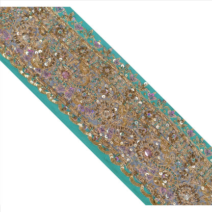 Sanskriti Vintage Sari Border Hand Beaded 1Yd Indian Trim Sewing Sea Green Lace