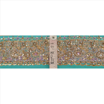 Sanskriti Vintage Sari Border Hand Beaded 1Yd Indian Trim Sewing Sea Green Lace