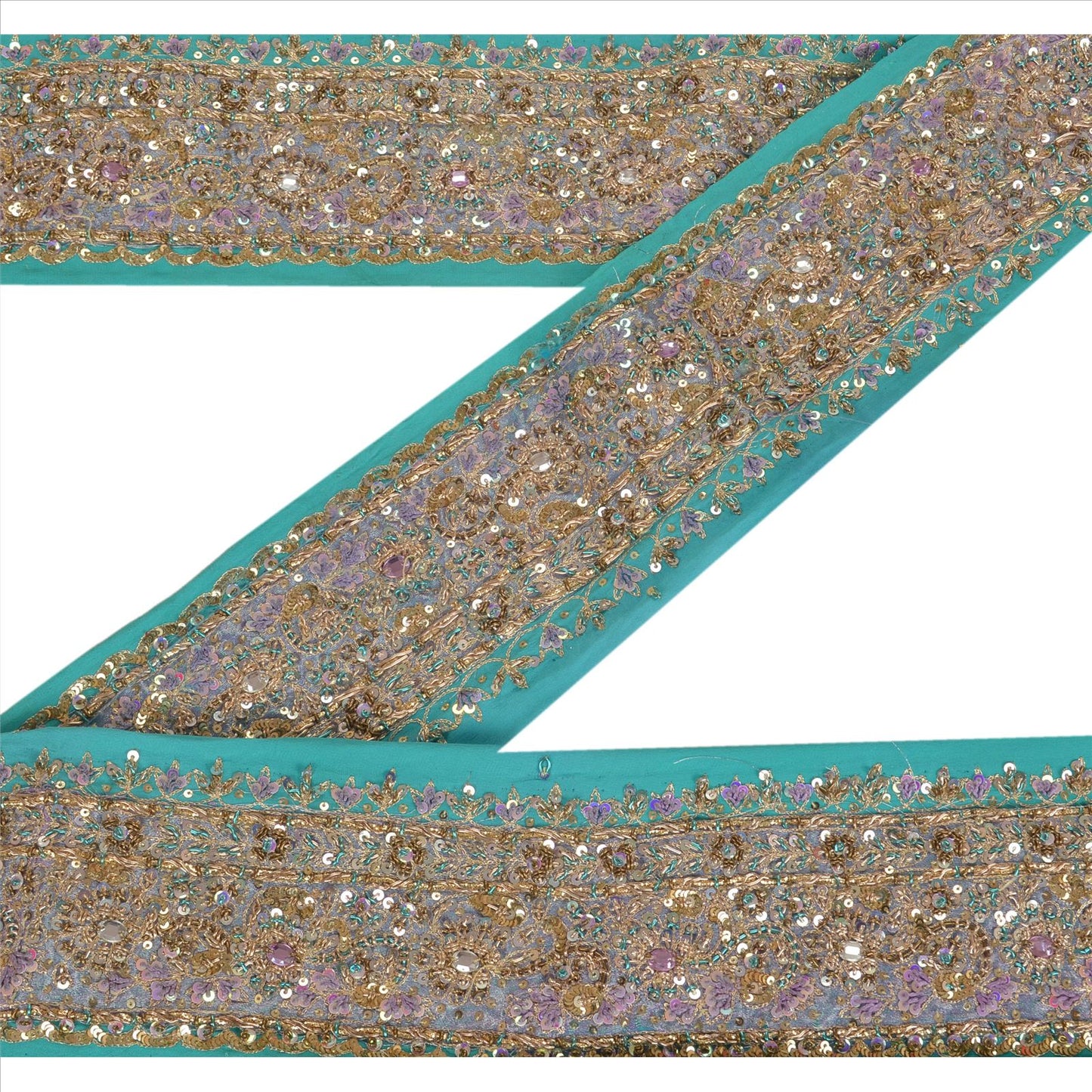 Sanskriti Vintage Sari Border Hand Beaded 1Yd Indian Trim Sewing Sea Green Lace