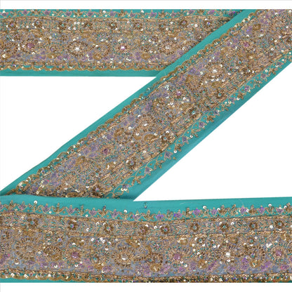 Sanskriti Vintage Sari Border Hand Beaded 1Yd Indian Trim Sewing Sea Green Lace