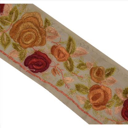 Sanskriti Vintage Sari Border Hand Embroidered 1 Yd Trim Sewing Pale Cream Lace
