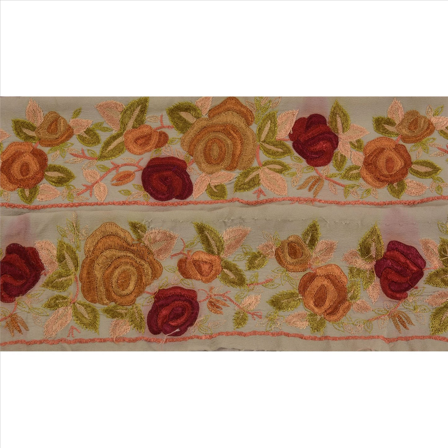 Sanskriti Vintage Sari Border Hand Embroidered 1 Yd Trim Sewing Pale Cream Lace