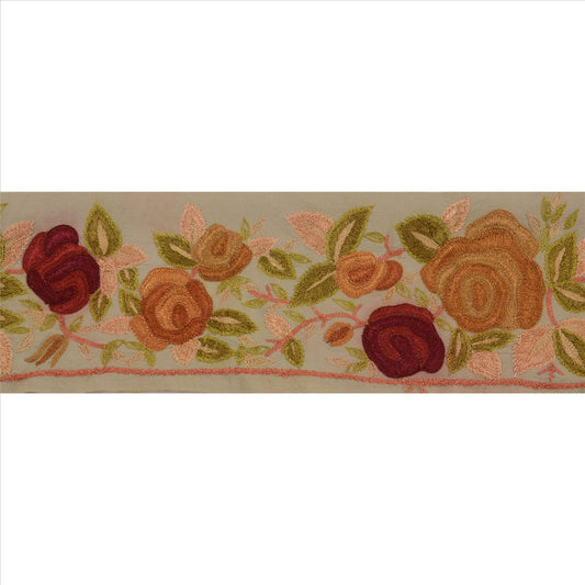 Sanskriti Vintage Sari Border Hand Embroidered 1 Yd Trim Sewing Pale Cream Lace