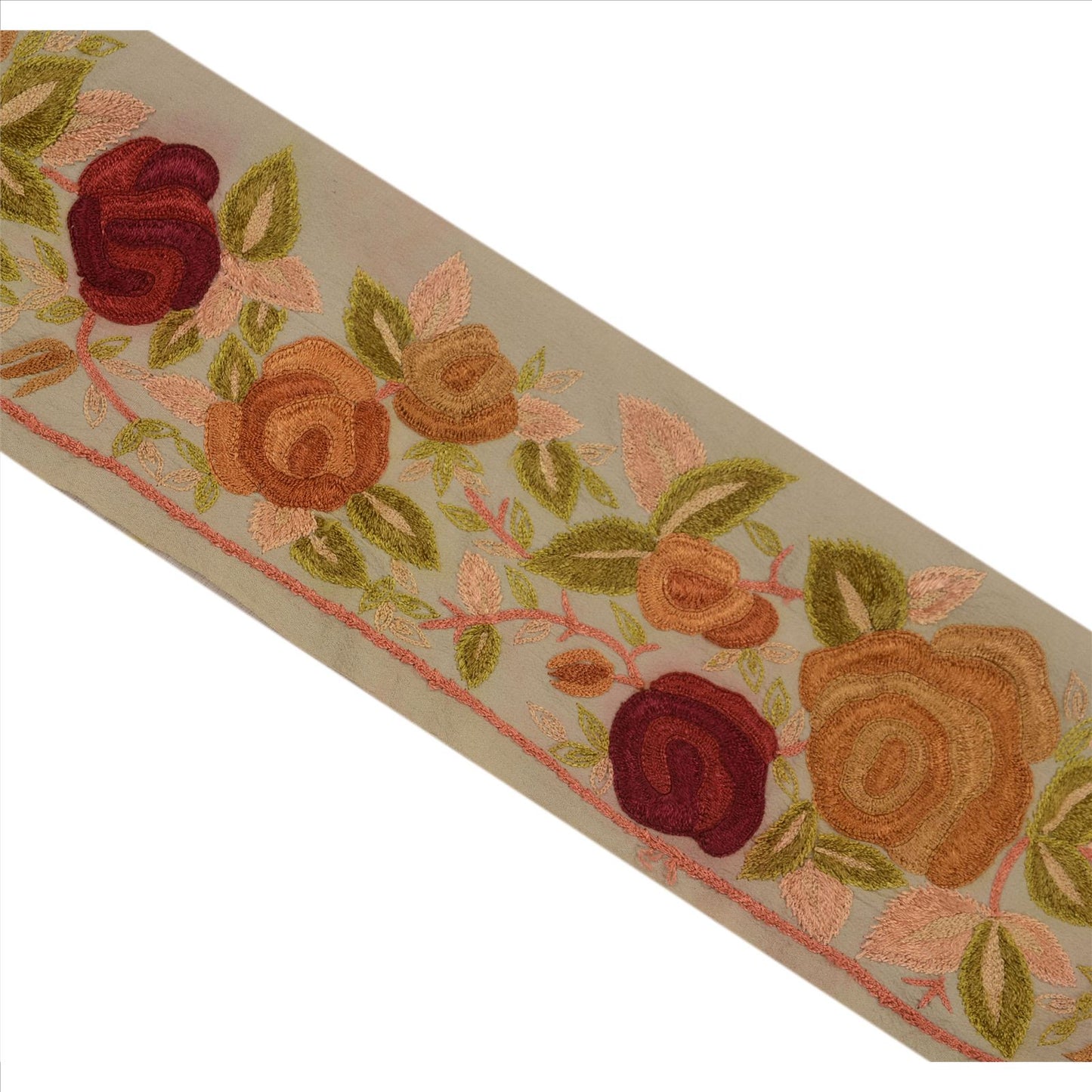 Sanskriti Vintage Sari Border Hand Embroidered 1 Yd Trim Sewing Pale Cream Lace