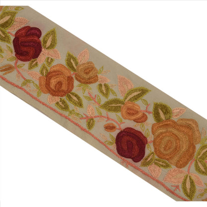 Sanskriti Vintage Sari Border Hand Embroidered 1 Yd Trim Sewing Pale Cream Lace