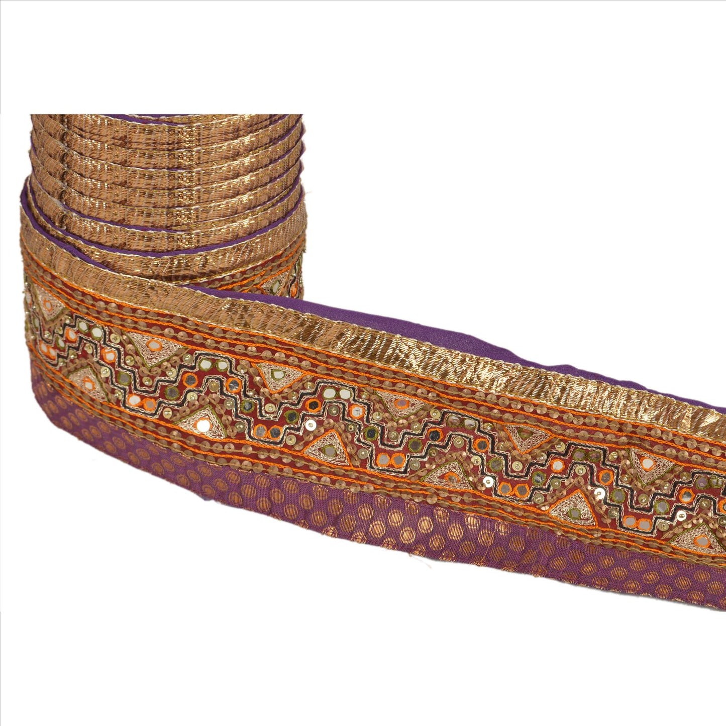 Sanskriti Vintage Sari Border Hand Beaded 1 Yd Trim Sewing Purple Mirror Lace