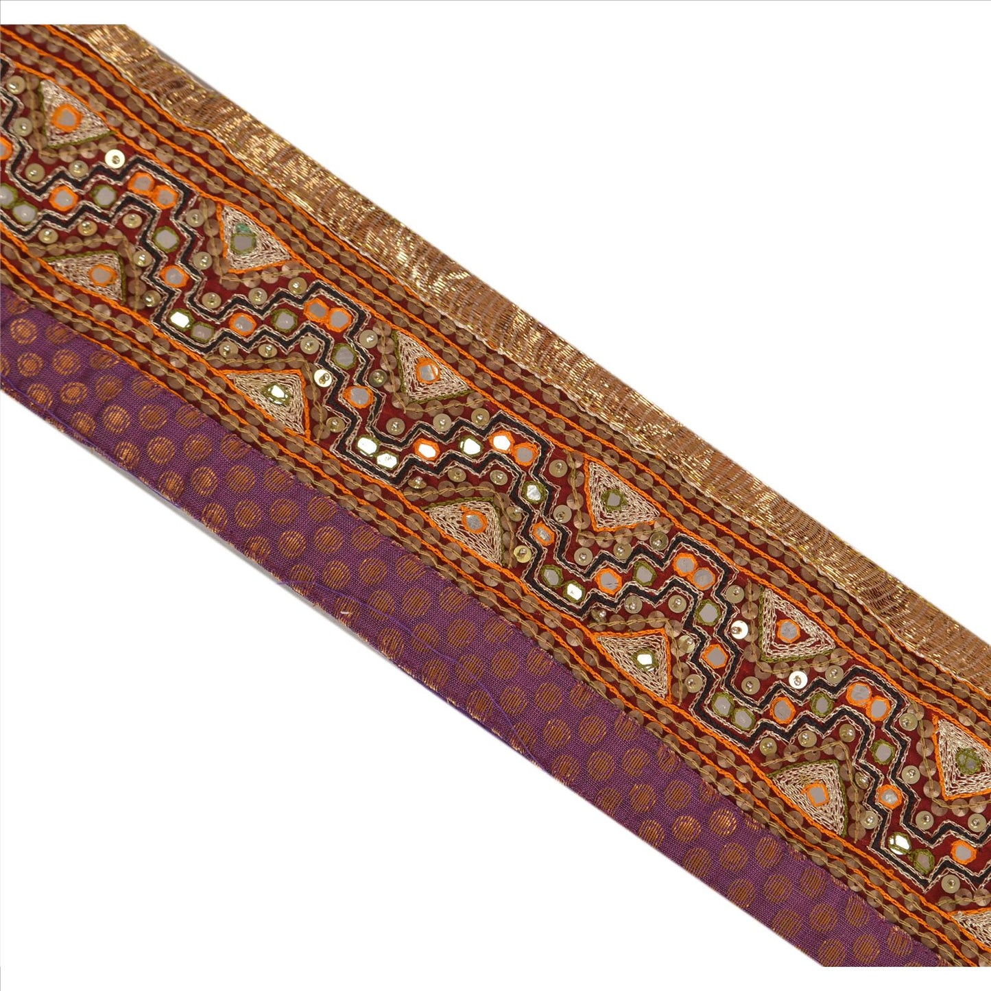 Sanskriti Vintage Sari Border Hand Beaded 1 Yd Trim Sewing Purple Mirror Lace