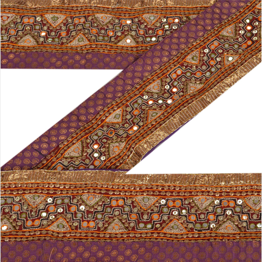 Sanskriti Vintage Sari Border Hand Beaded 1 Yd Trim Sewing Purple Mirror Lace