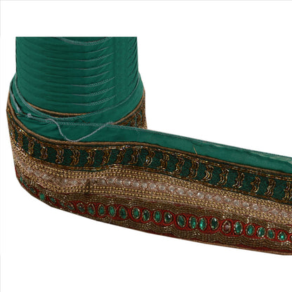 Sanskriti Vintage Sari Border Hand Beaded 1Yd Trim Sewing Green Rhinestone Lace