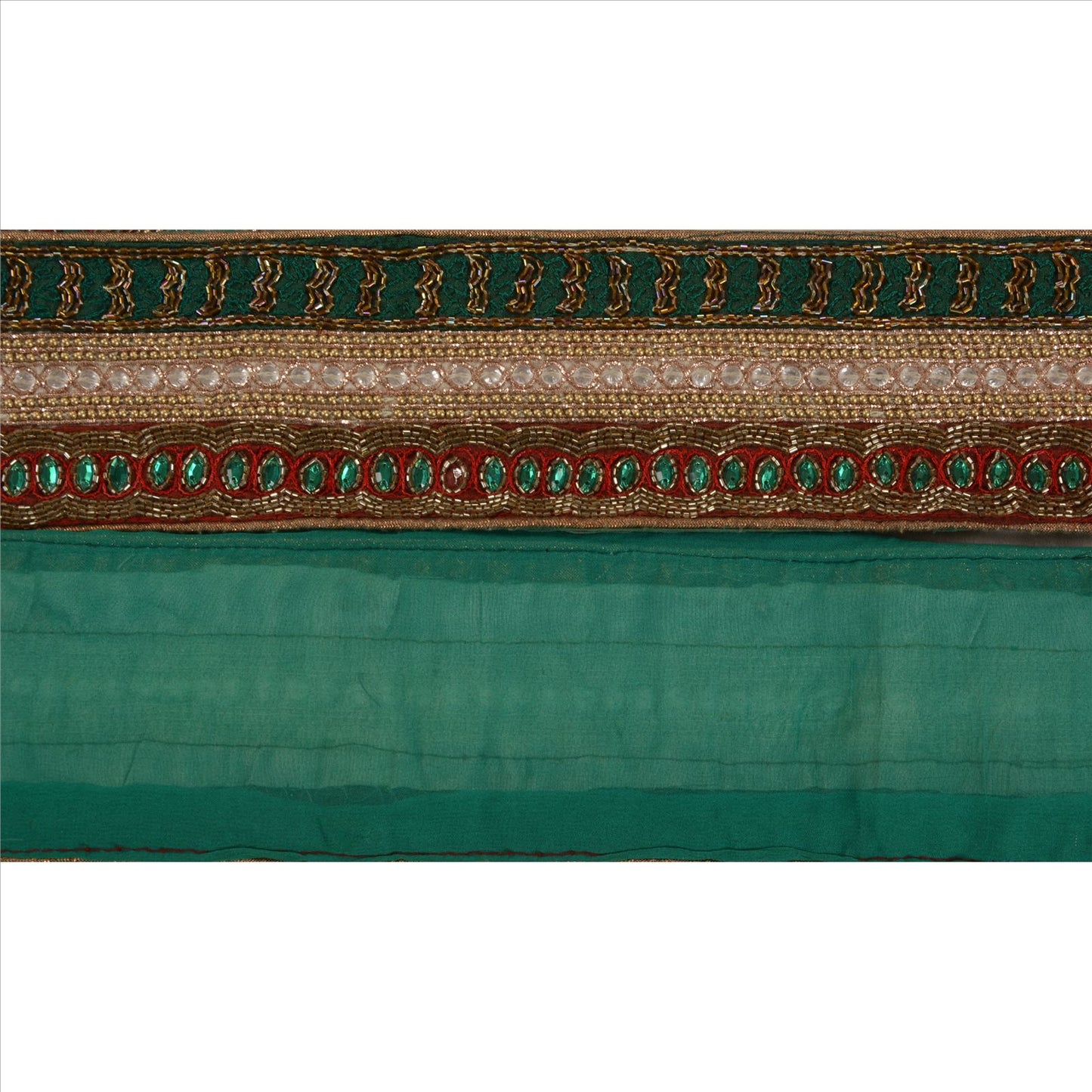 Sanskriti Vintage Sari Border Hand Beaded 1Yd Trim Sewing Green Rhinestone Lace