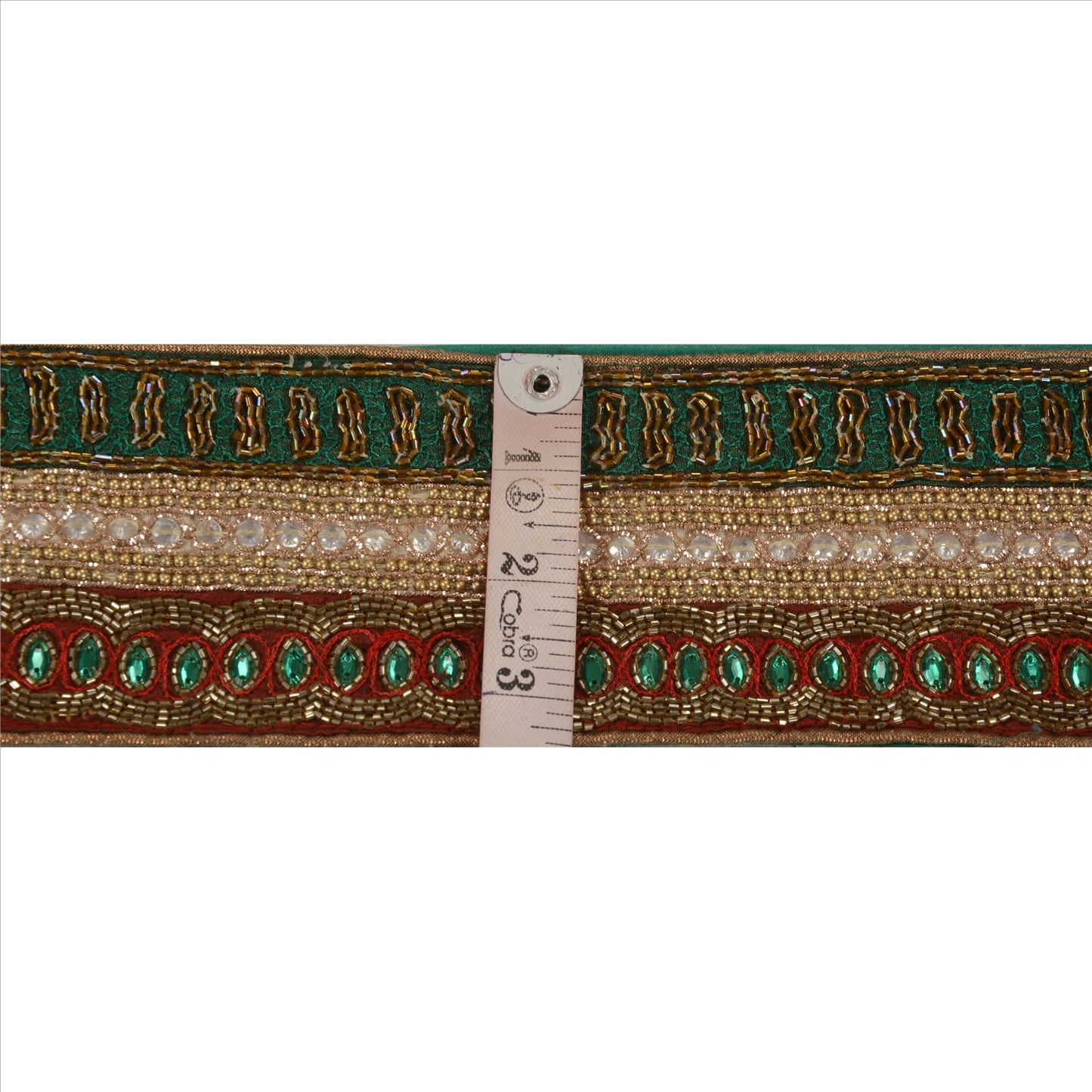 Sanskriti Vintage Sari Border Hand Beaded 1Yd Trim Sewing Green Rhinestone Lace