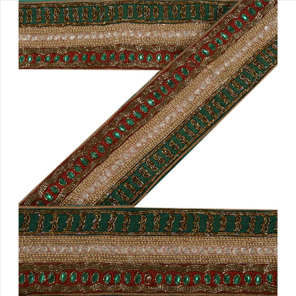 Sanskriti Vintage Sari Border Hand Beaded 1Yd Trim Sewing Green Rhinestone Lace