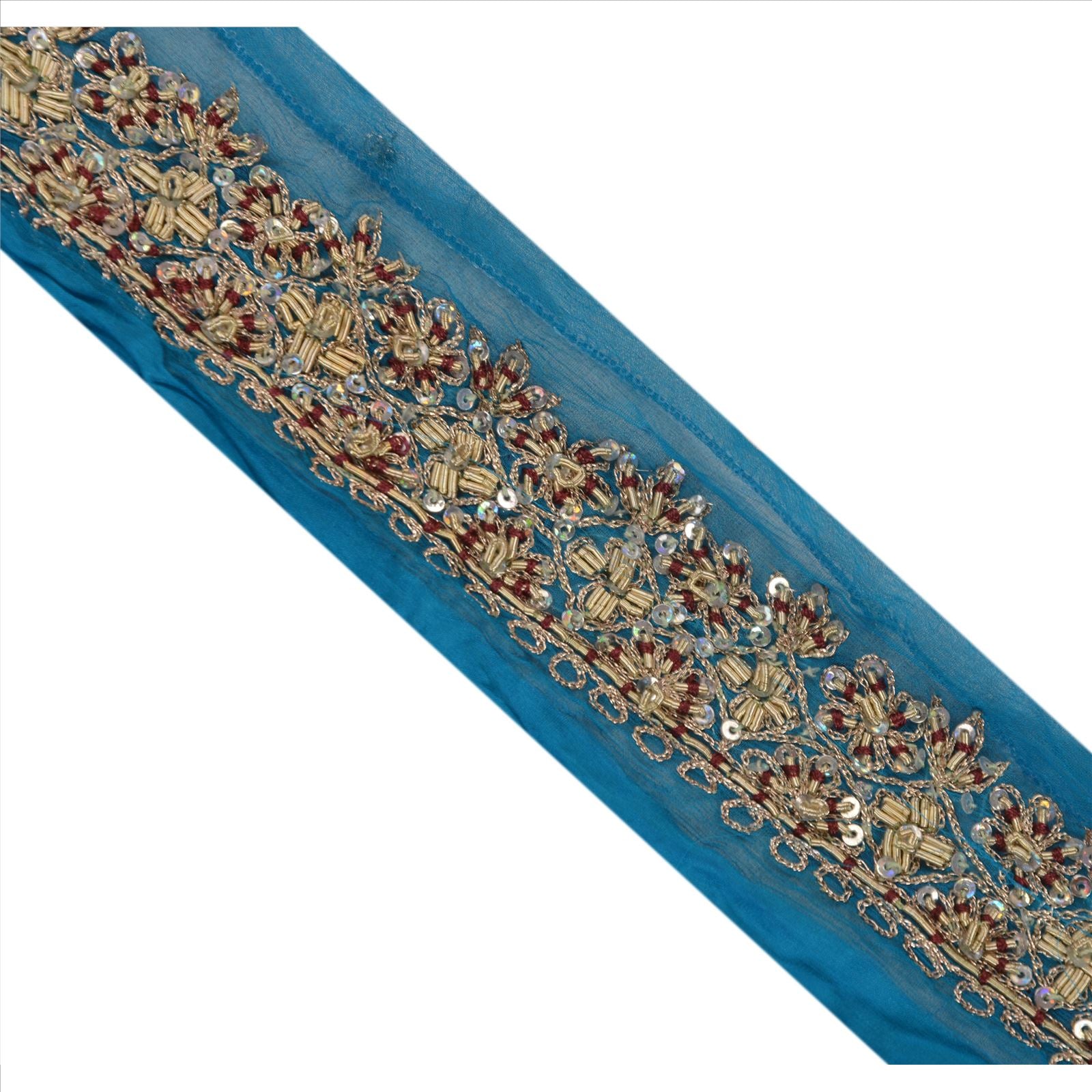 Sanskriti Vintage Chiffon Silk Sari Border: Hand Beaded Zardozi Trim, Blue Lace - 1 Yard