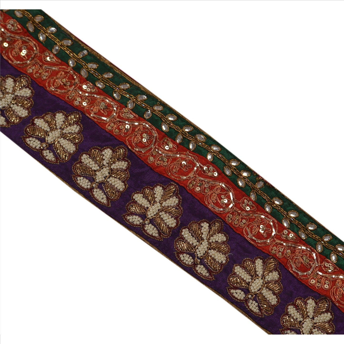 Sanskriti Vintage Sari Border Hand Beaded 1 Yd Indian Trim Sewing Maroon Lace