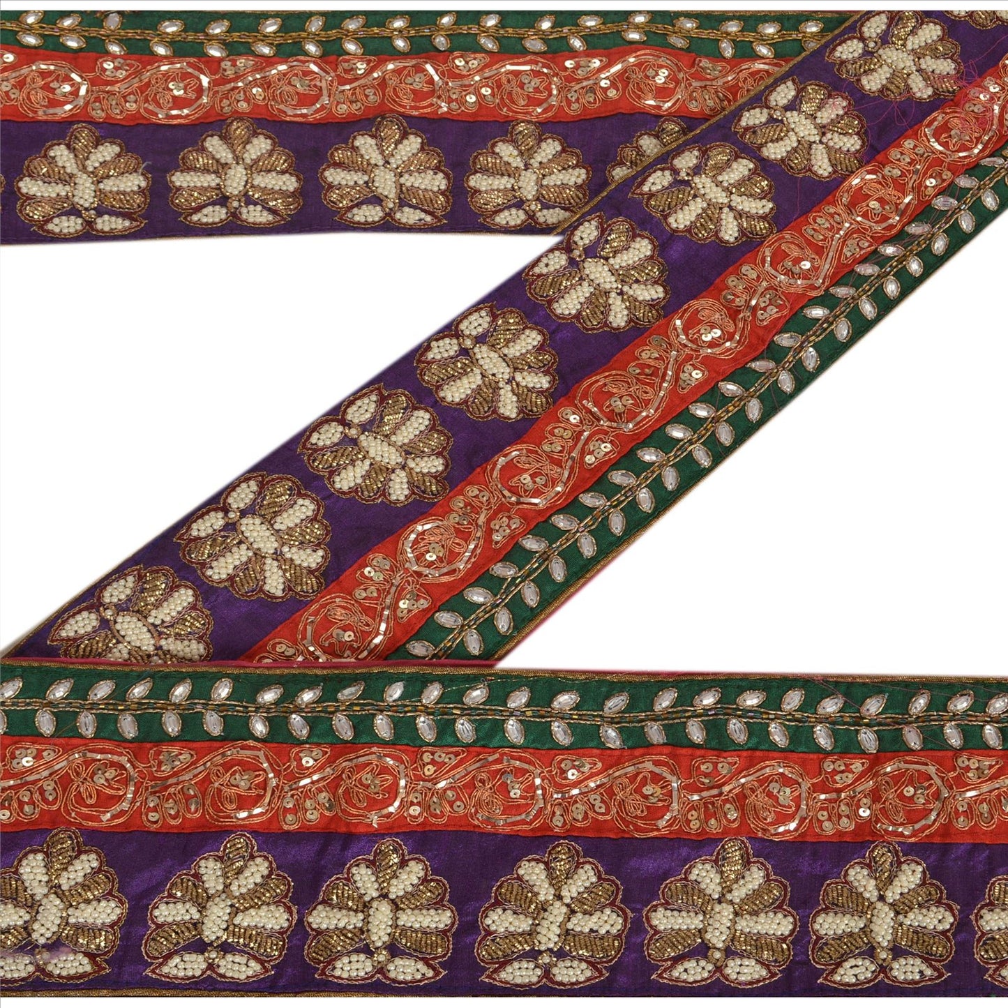 Sanskriti Vintage Sari Border Hand Beaded 1 Yd Indian Trim Sewing Maroon Lace