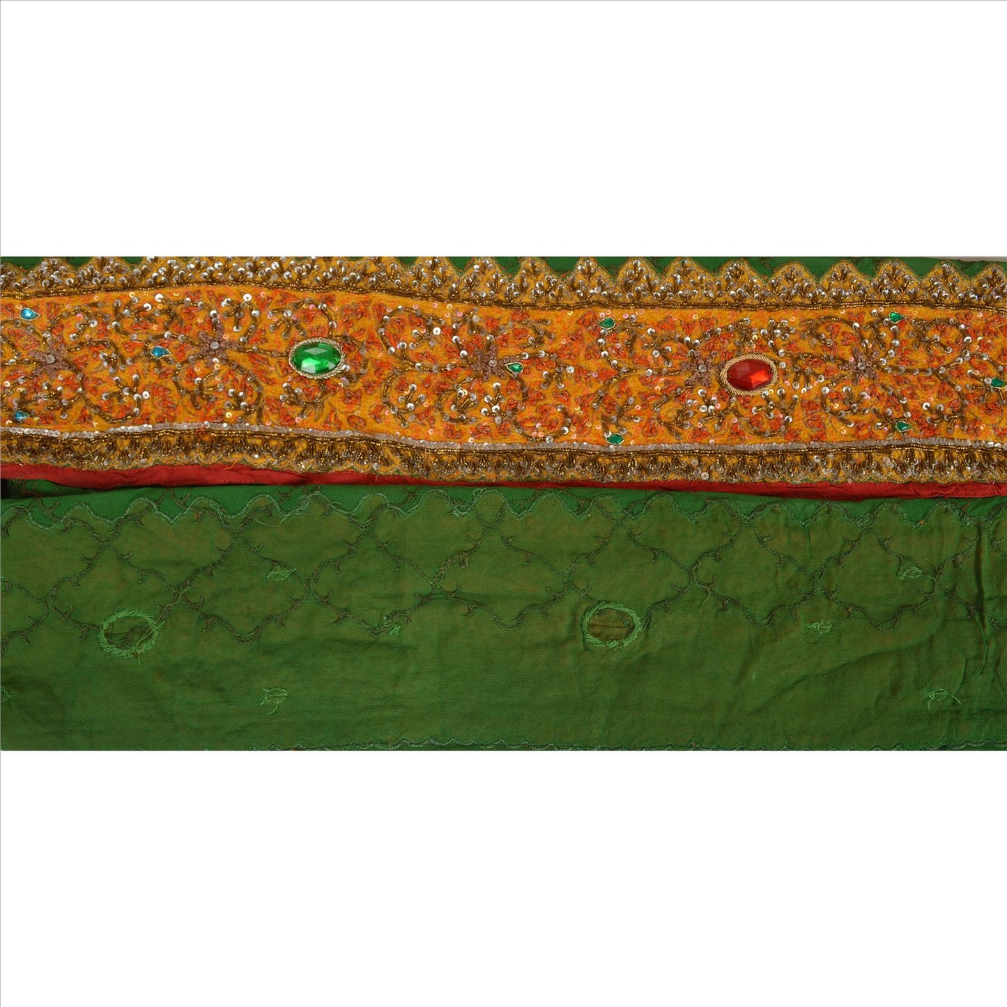 Sanskriti Vintage Sari Border Hand Beaded 1 Yd Trim Sewing Green Rhinestone Lace