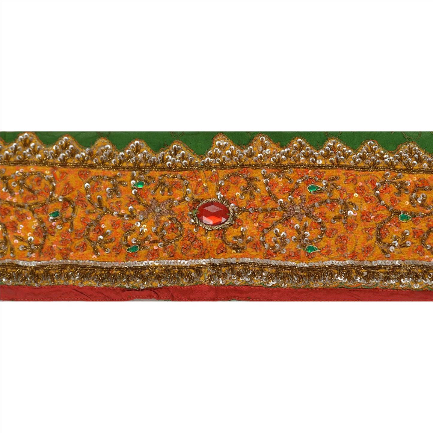 Sanskriti Vintage Sari Border Hand Beaded 1 Yd Trim Sewing Green Rhinestone Lace