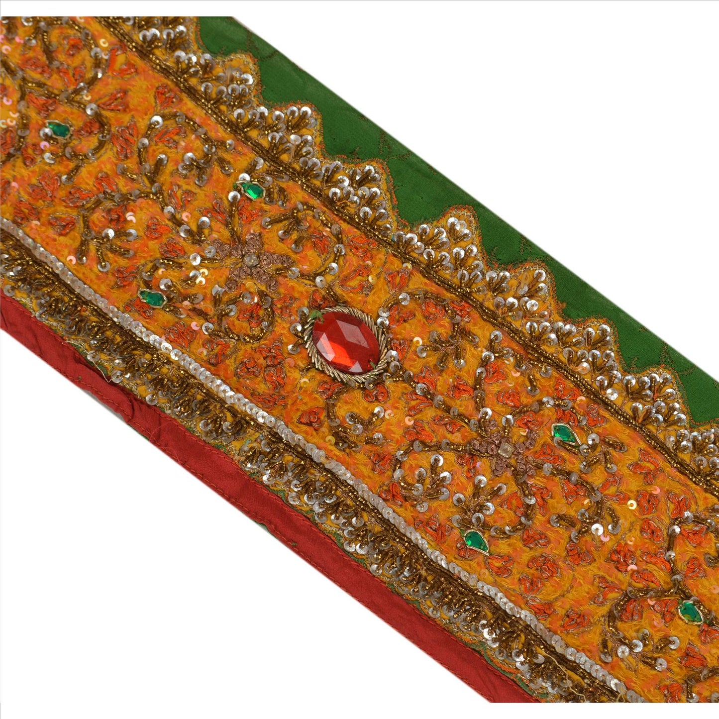 Sanskriti Vintage Sari Border Hand Beaded 1 Yd Trim Sewing Green Rhinestone Lace