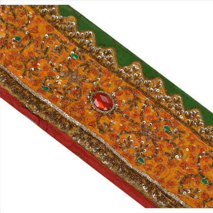 Sanskriti Vintage Sari Border Hand Beaded 1 Yd Trim Sewing Green Rhinestone Lace