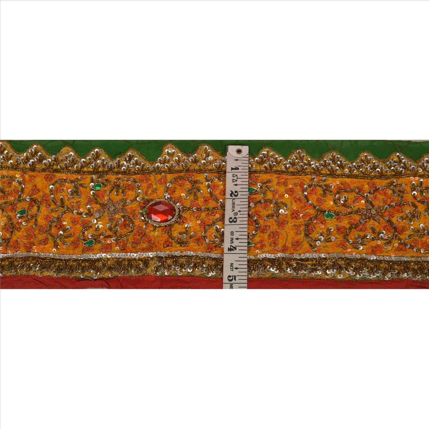 Sanskriti Vintage Sari Border Hand Beaded 1 Yd Trim Sewing Green Rhinestone Lace