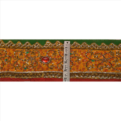 Sanskriti Vintage Sari Border Hand Beaded 1 Yd Trim Sewing Green Rhinestone Lace