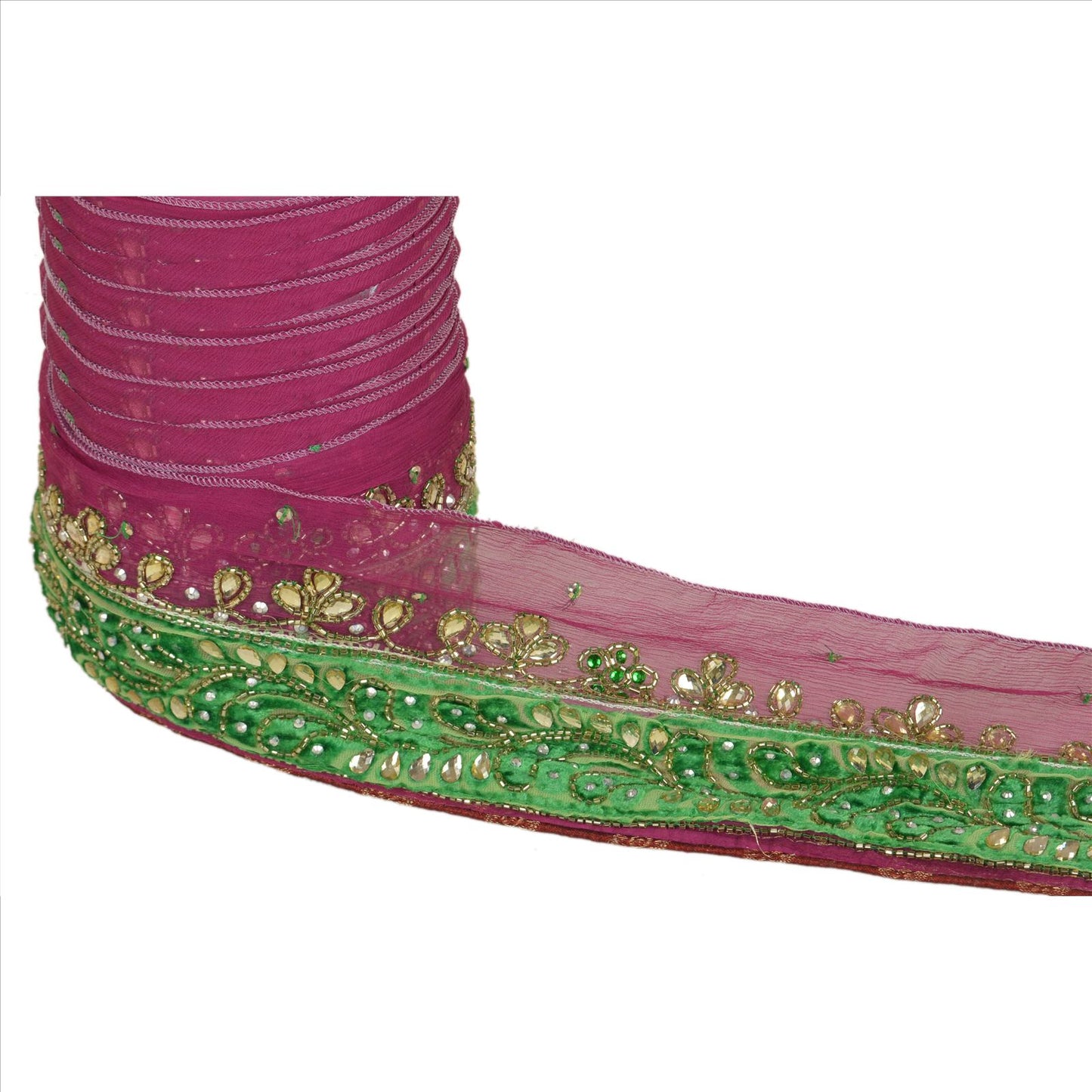 Sanskriti Vintage Sari Border Hand Beaded 1Yd Trim Sewing Purple Rhinestone Lace