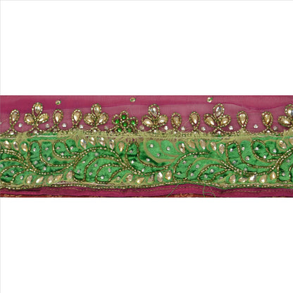 Sanskriti Vintage Sari Border Hand Beaded 1Yd Trim Sewing Purple Rhinestone Lace