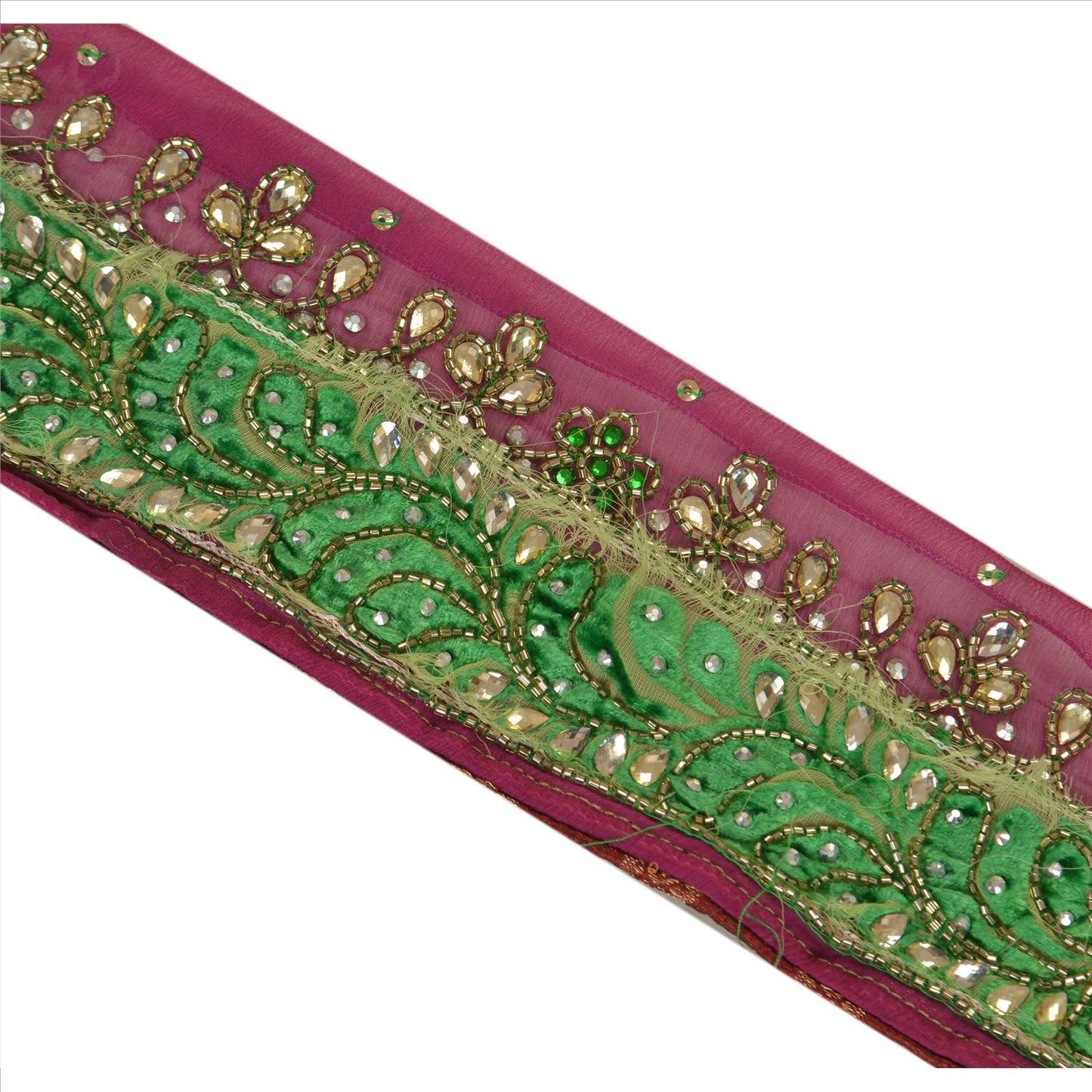 Sanskriti Vintage Sari Border Hand Beaded 1Yd Trim Sewing Purple Rhinestone Lace