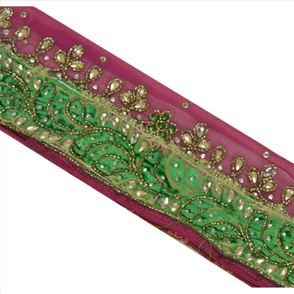 Sanskriti Vintage Sari Border Hand Beaded 1Yd Trim Sewing Purple Rhinestone Lace