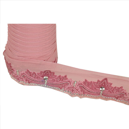 SANSKRITI VINTAGE Border Hand Beaded 1 YARD Trim Sewing Pink Rhinestone Lace
