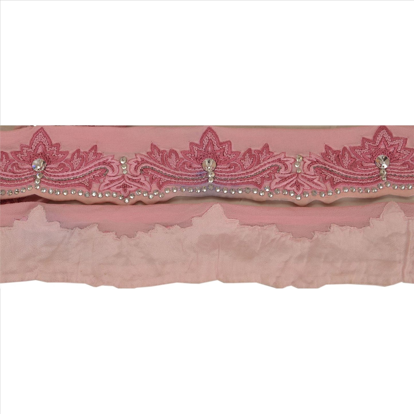 SANSKRITI VINTAGE Border Hand Beaded 1 YARD Trim Sewing Pink Rhinestone Lace