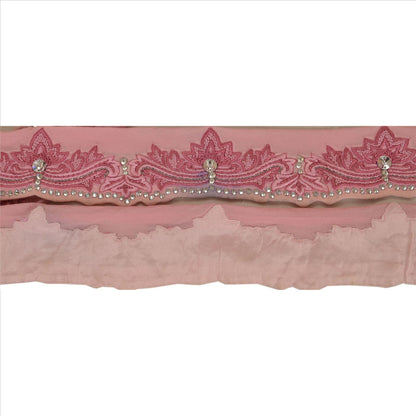 SANSKRITI VINTAGE Border Hand Beaded 1 YARD Trim Sewing Pink Rhinestone Lace