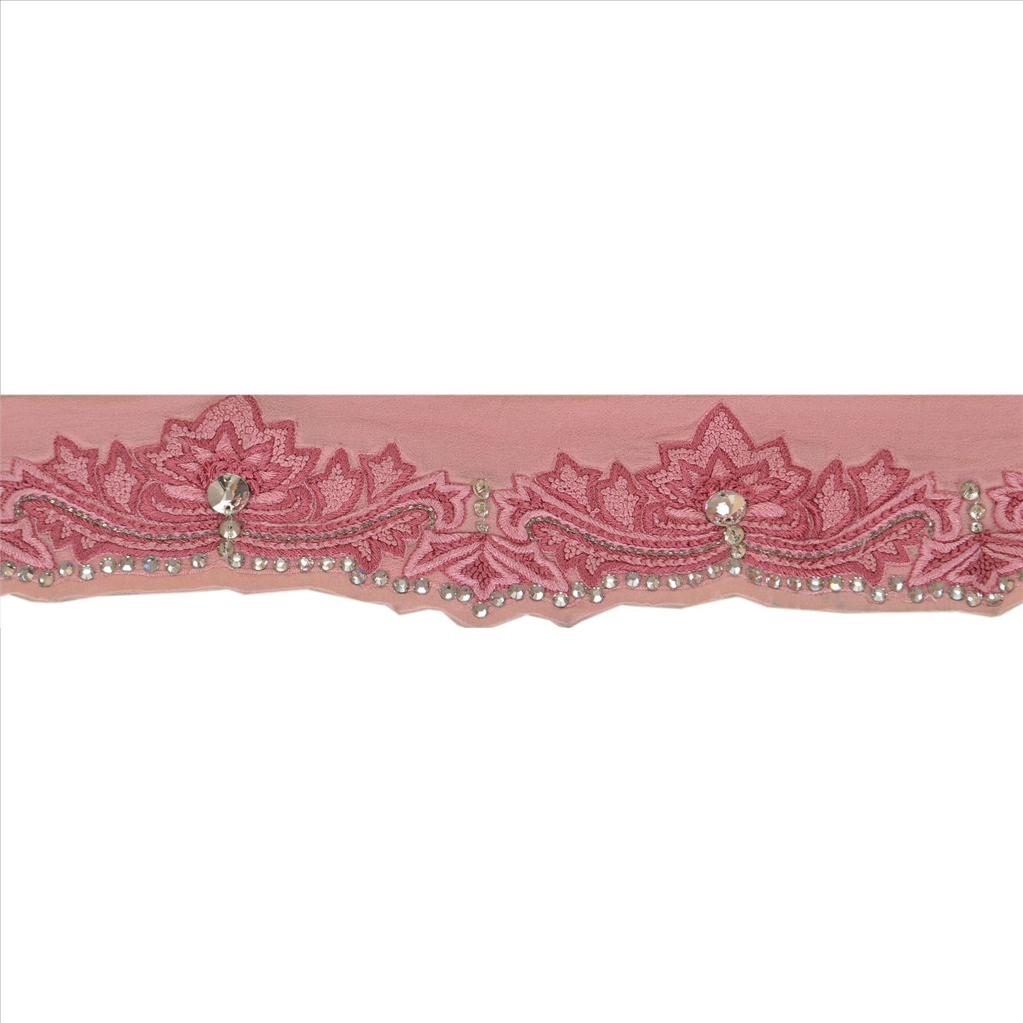 SANSKRITI VINTAGE Border Hand Beaded 1 YARD Trim Sewing Pink Rhinestone Lace